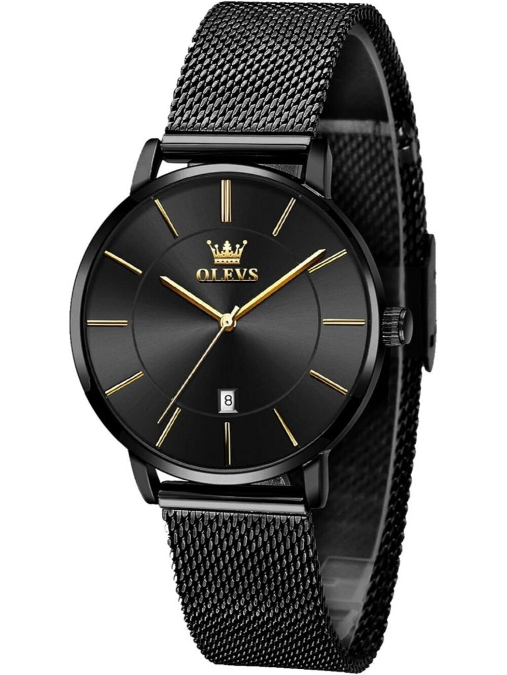 Women's Black Mesh Stainless Steel Slim Thin Waterproof Round Luxury Wrist Watch